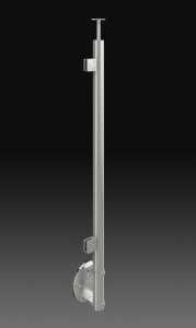 Słupek balustrady szklanej z rury 42,4 z dwoma uchwytami do szkła 45x45, mocowanie boczne okrągłe zaciskowe, szlif